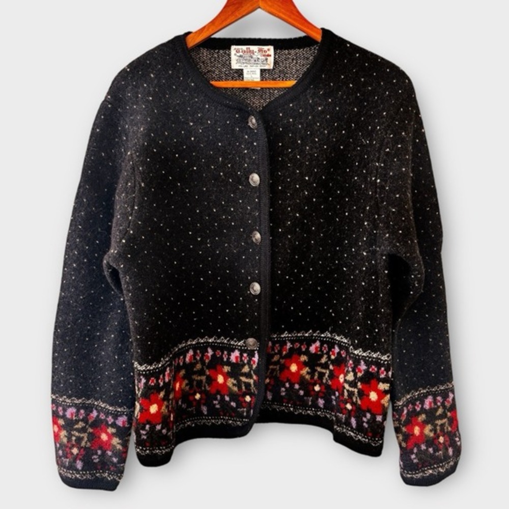 Vintage Tally Ho Wool Nordic Cardigan Sweater Womens Size L Floral Birds Eye